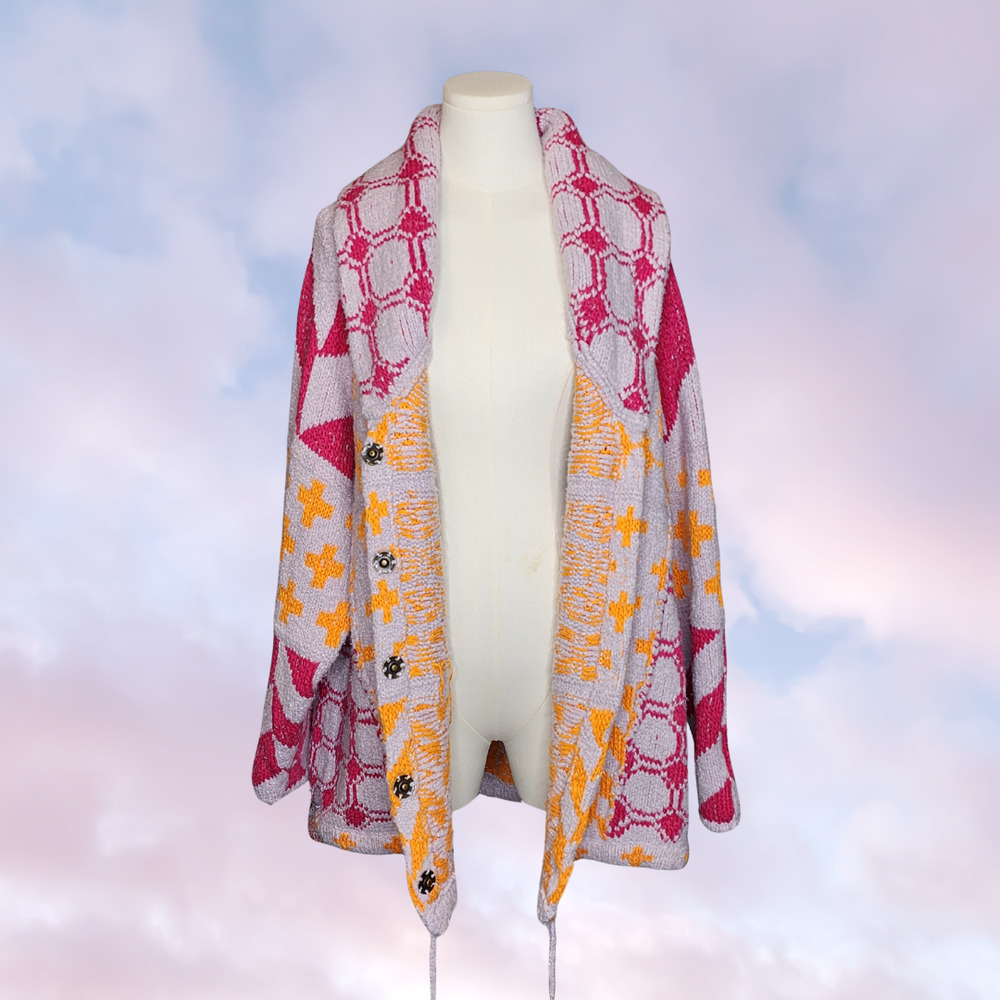 Free People Bright Optimistic Cardi Cardigan Wrap Style Button Up Chunky Knit L - Picture 2 of 7